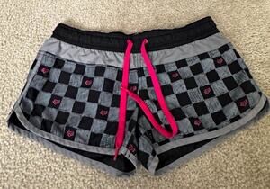 FOX Racing Womens Board Shorts Black Gray Checkerboard Pink Drawstring Fits 8